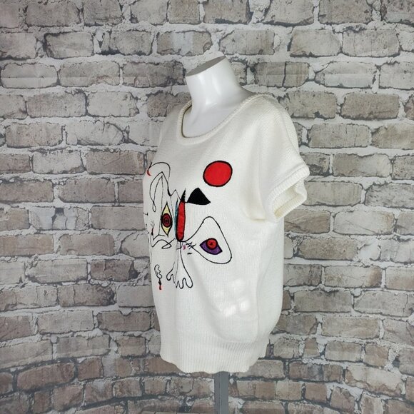 Vintage  80s Embroidered Abstract Line Art Scoop Neck Sweater Measures Medium - Picture 7 of 15
